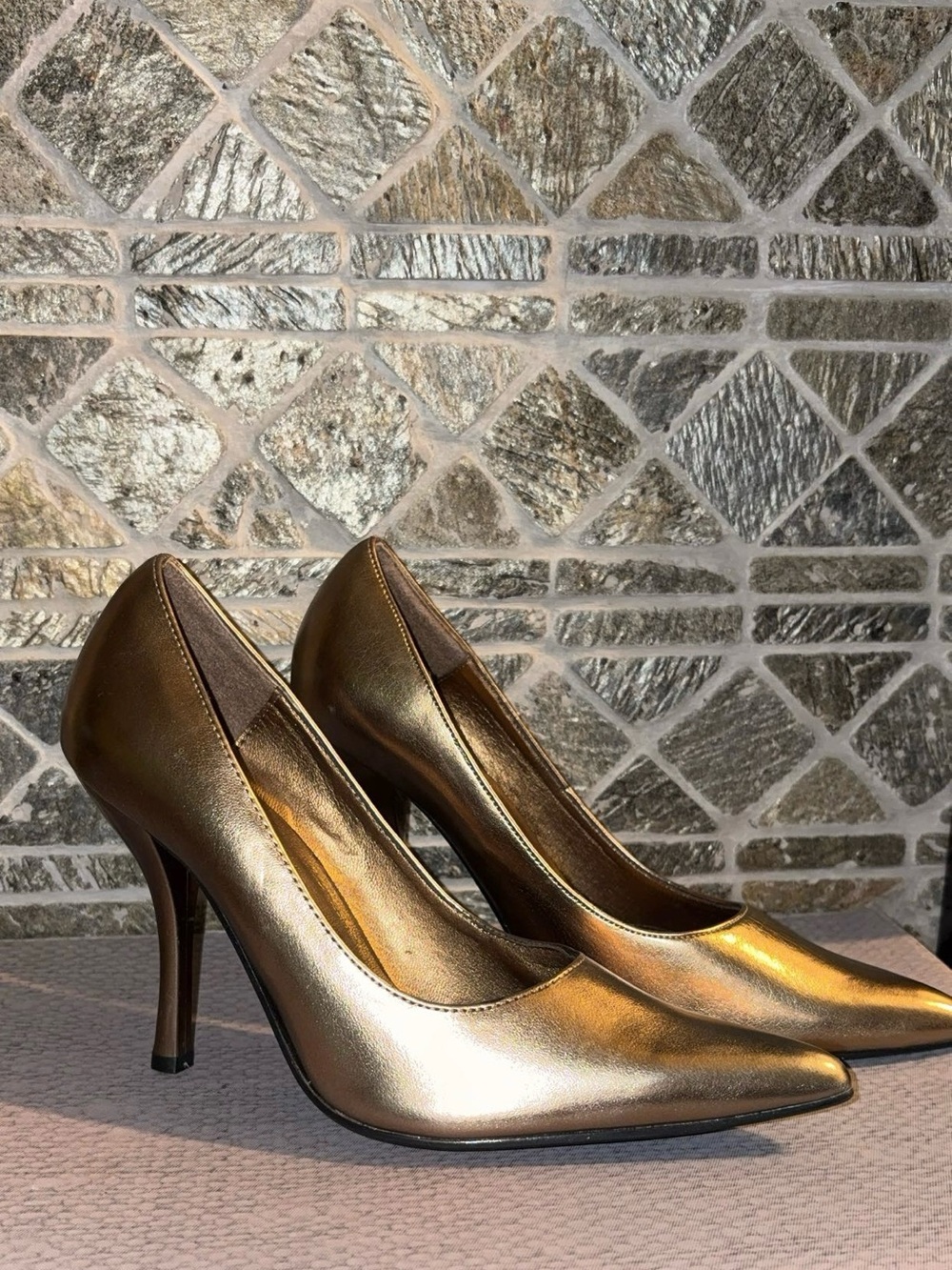 Vanity Metallic Gold Pointed-Toe High Heels - Women's Dress Pumps